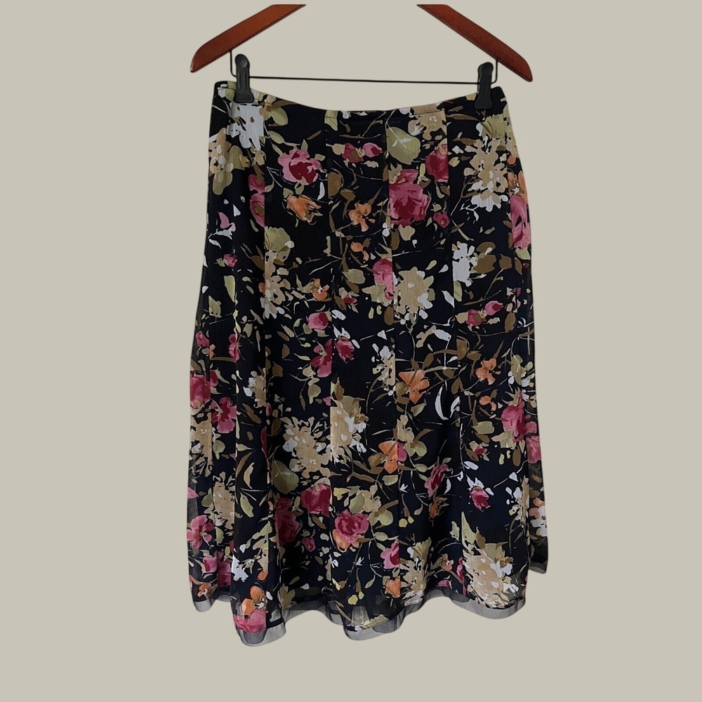 Floral Chiffon Midi Skirt Black Dark Romantic Boho Flowy Layered Size 12